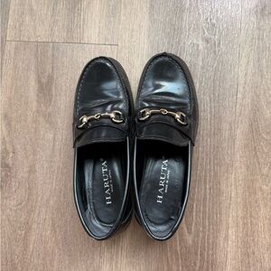 Black genuine leather Haruta loafers with gold chain detailing size US 6.5